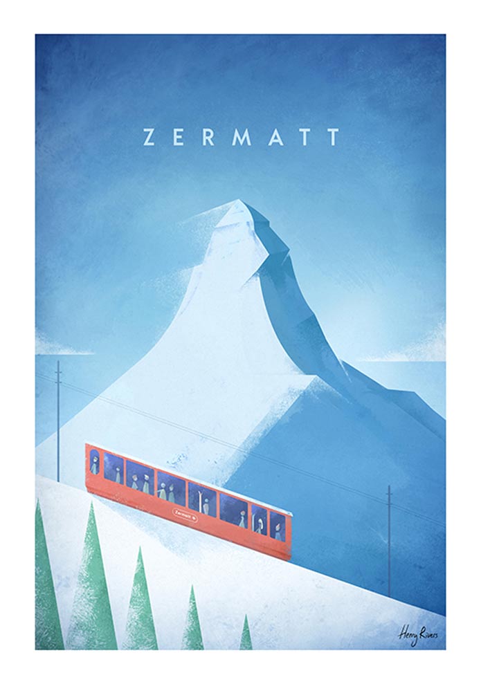 Juliste: Zermatt Tekijä Henry Rivers - Zermatt - lumisen Zermattin  graafinen suunnittelu. - Inzpero Finland